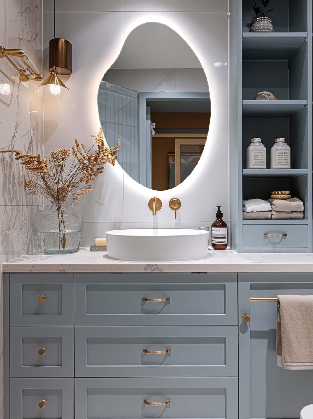 lustro organiczne w ksztalcie kropli wody w blekitnej klasycznej lazience