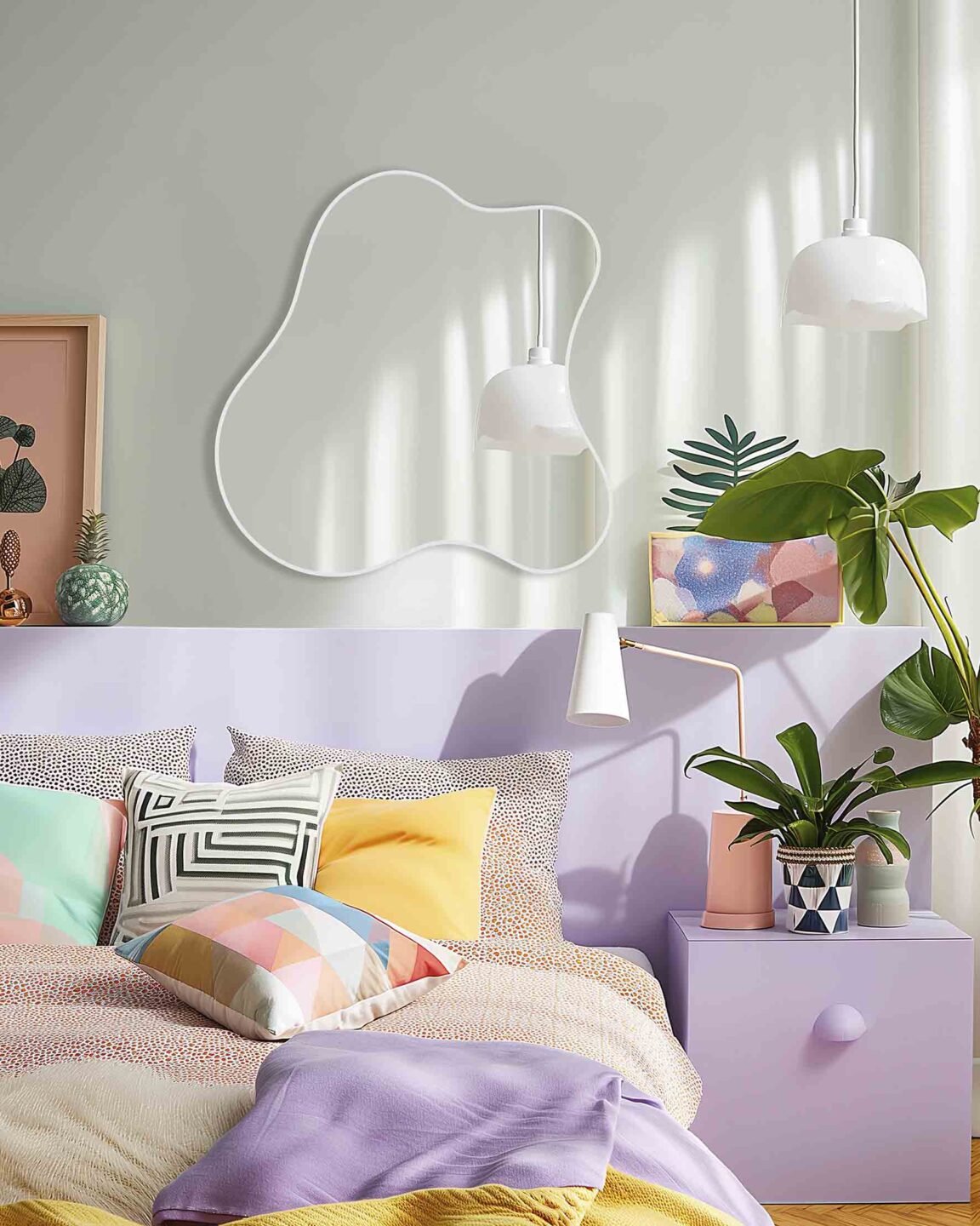 lustro organiczne w ksztalcie pianki na jasnej mietowej scianie w sypialni nad lozkiem z jasnofioletowa posciela