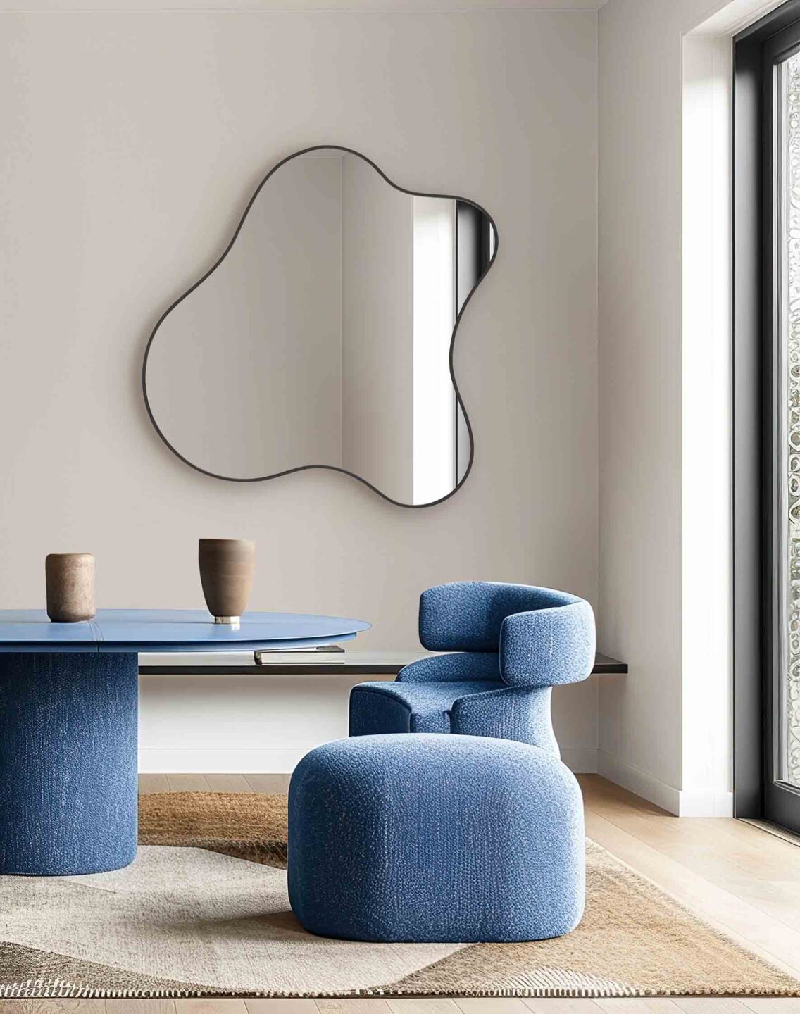 lustro organiczne marshmallow w ksztalcie pianki cukrowej lub popcornu w salonie japandi nad niebieskim krzeslem