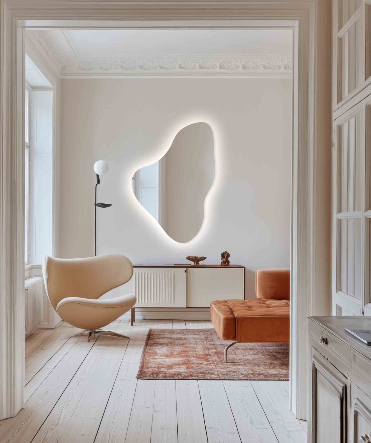 lustro organiczne twitter w jasnym salonie nad azurowa konsola