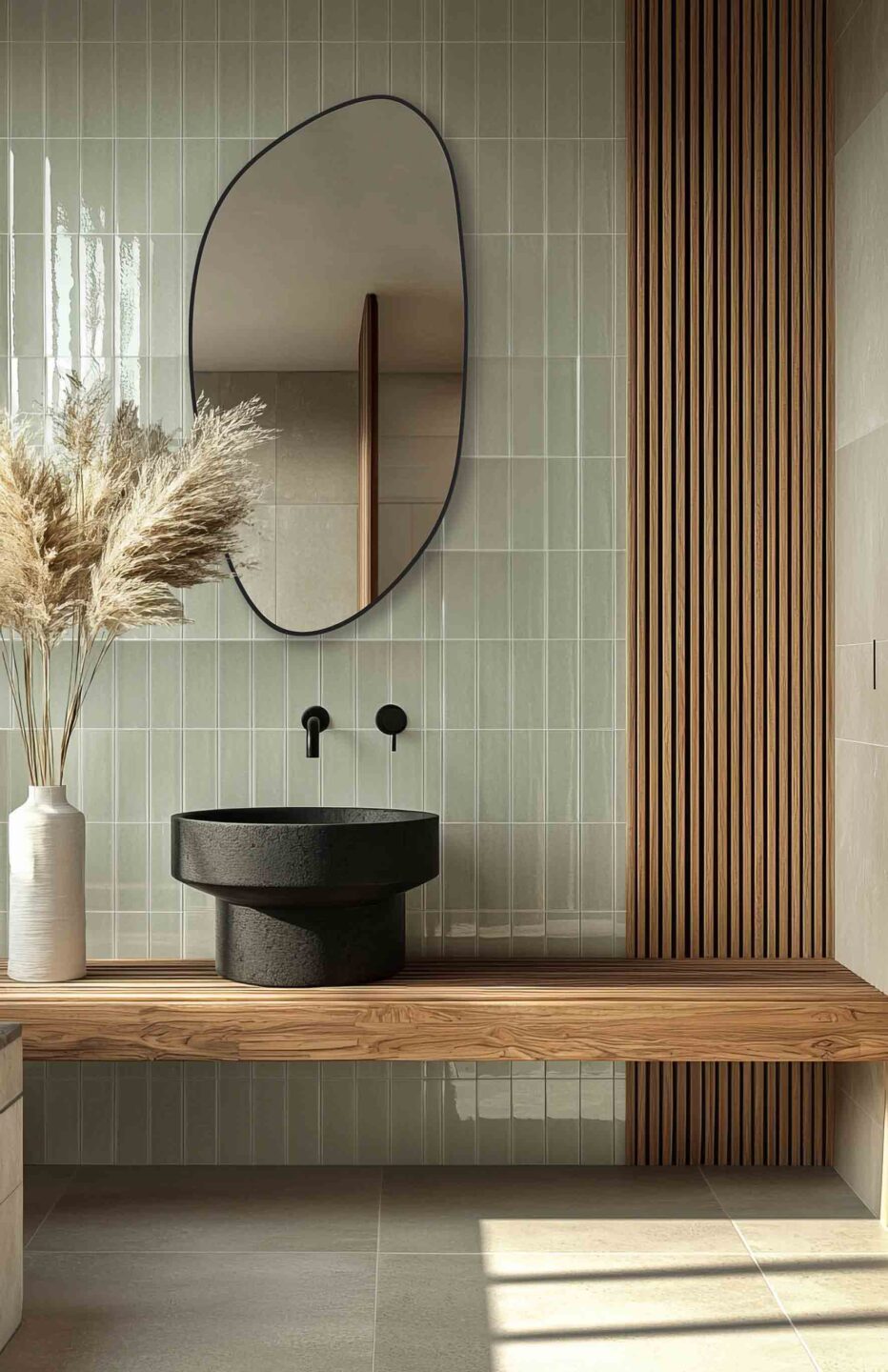 waski lustro organiczne w czarnej ramie w lazience na jasnozielonych plytkach zellige