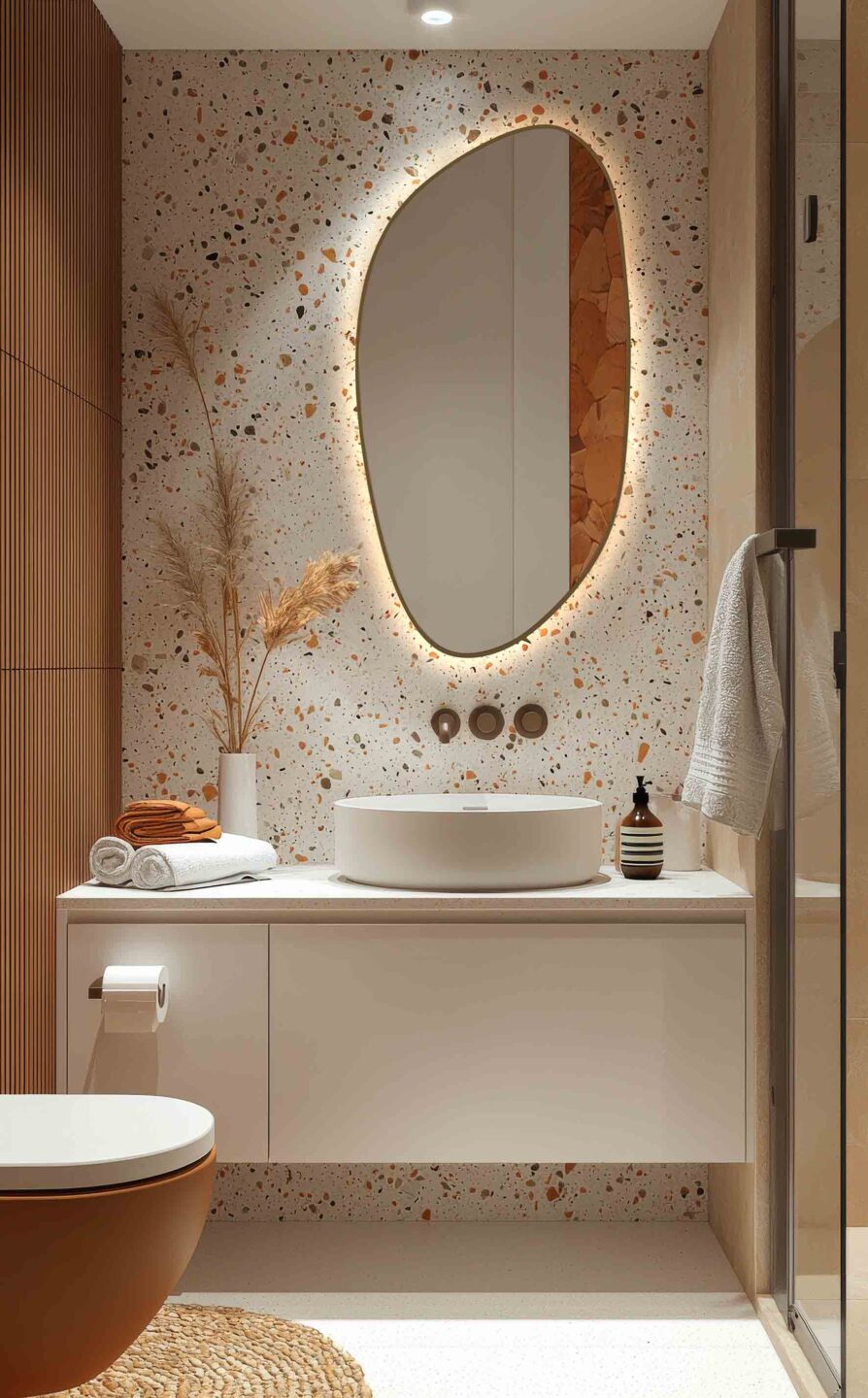 lustro organiczne slimmy framed led w zlotej ramie z podswietleniem w lazience na scianie z lastryko