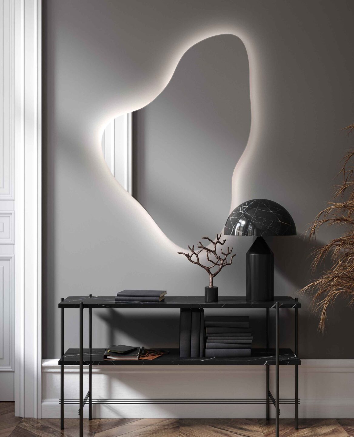 lustro organiczne twitter na grafitowej scianie nad czarna azurowa konsola